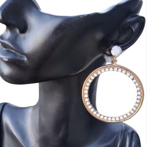 Vintage 1960s Mod Gold White Milk Glass Bead Large Hoop Dangle Clip On Earrings